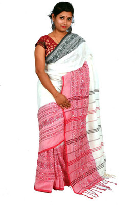 SAHA TEXTILE Woven Jamdani Cotton Blend Saree(White)