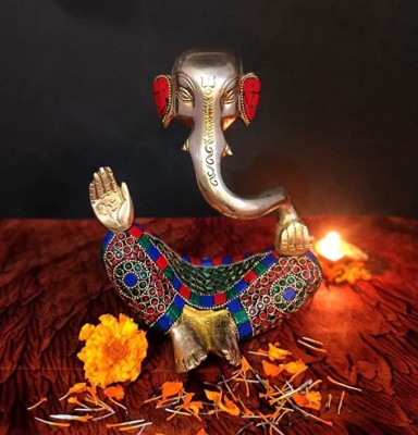 Banshi Handicrafts and Arts 20cm Modern Ganesha Statue with Stone Work Decorative Showpiece  -  20 cm(Brass, Multicolor)