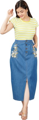 Hi Fashion Embroidered Women A-line Blue Skirt