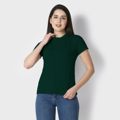 Rosasignora Solid Women Round Neck Dark Green T-Shirt