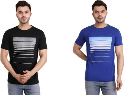 AHP Printed Couple Round Neck Blue, Black T-Shirt