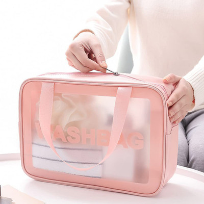 Queue Toiletry Zipper Clear Cosmetic Bag Pouch Transparent Pvc Wash Bag with Handle(Pink)