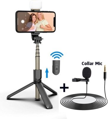 POZUB 3in1 Bluetooth Extendable Selfie Stick with Flash,Tripod Stand+Collar Microphone Tripod(Black, Supports Up to 600 g)