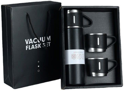 MINDKING Black Vacuum Flask Gift Set - Bottle with 3 Cups 500 ml Flask 500 ml Flask(Pack of 1, Black, Steel)