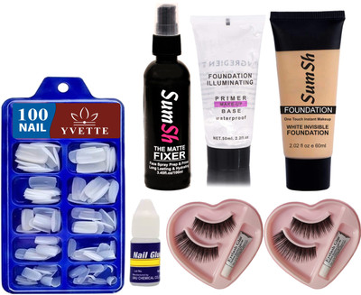 YVETTE False Eyelashes Eye Makeup with Glue x 2, Artificial Nails With Glue, Fixer, Primer, Foundation(6 Items in the set)