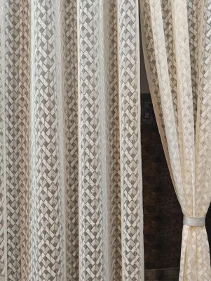HHF DECOR 274 cm (9 ft) Polyester Semi Transparent Long Door Curtain (Pack Of 2)(Checkered, Cream)