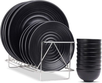 KAVYACRASH Pack of 16 Melamin Black Spiral Melamine Spiral Plates & Bowls Dinner Set Full Plates With Bowl Dinner Set(Black, Microwave Safe)