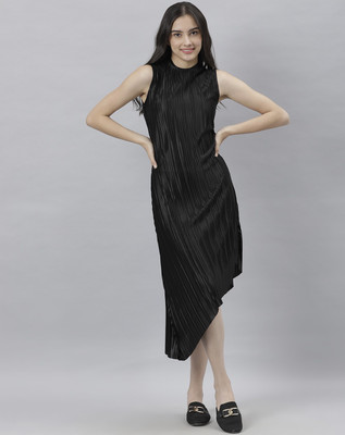 RAREISM Women Asymmetric Black Below Knee Dress