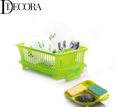 DDecora Dish Drainer Kitchen Rack Plastic Popular combo of 3 in 1 Large Sink Set Dish Rack Drainer & Corner sink (GREEN)