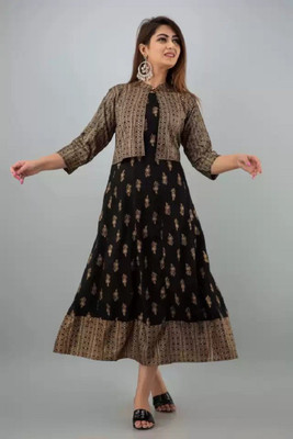 housepride Women Printed Anarkali Kurta(Black)