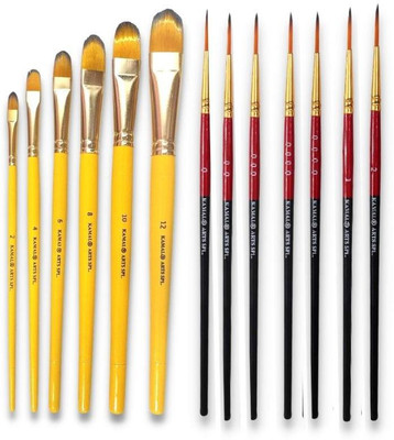 KAMAL Combo of Artist Quality Detail and Script Liner Set of 7 in Synthetic Taklon AND Filbert Artist Quality Painting Brush with Short Length Bristle Set of 7 in Synthetic(Red-Black ,Yellow)