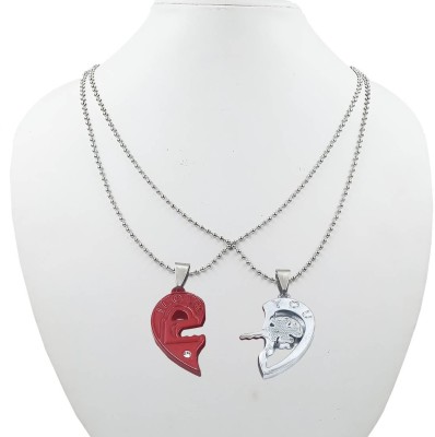 NNPRO Heart Shape Broken Lock & Key Design “I Love You” Red And Silver Couple Pendant Sterling Silver, Rhodium Stainless Steel, Alloy Locket Set