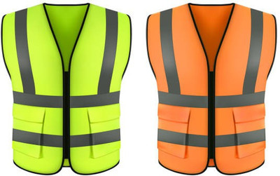 SHASALES High Visibility Safety Vest 2 Reflective Strips,Front Zipper (GREEN and ORANGE) Safety Jacket(Green, Orange)