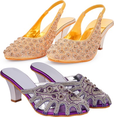 Zionk Women Heels(Purple, Gold , 14)