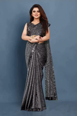 Shree Shyam Creation Digital Print, Embroidered, Solid/Plain, Printed Bollywood Lycra Blend Saree(Grey)