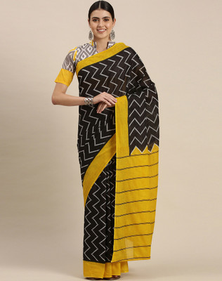 SIRIL Printed, Geometric Print, Floral Print Kalamkari Cotton Blend Saree(Black, Yellow)