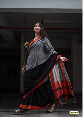 Joyguru Textile Self Design Handloom Pure Cotton Saree(Black, Grey, Red)