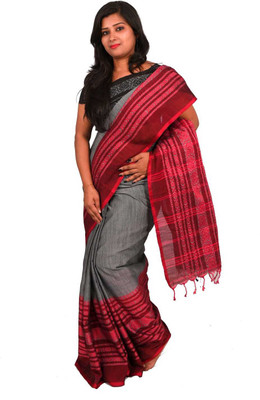SAHA TEXTILE Woven Jamdani Cotton Blend Saree(Red, Grey)