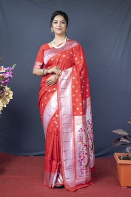 sarjan creation Self Design Paithani Pure Cotton Saree(Red)