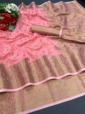 Gold Art Fashion Woven Banarasi Cotton Silk, Jacquard Saree(Pink)