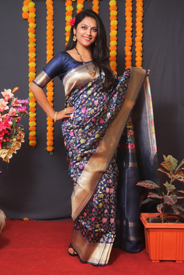 sarjan creation Woven Banarasi Jacquard, Pure Silk Saree(Blue)