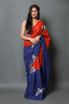 Jaipuri Print Printed Sambalpuri Pure Cotton Saree(Red, Blue)