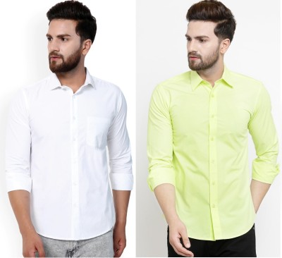 balino Men Solid Casual White, Green Shirt(Pack of 2)