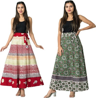 MayFay Printed Women Wrap Around Red, Green Skirt