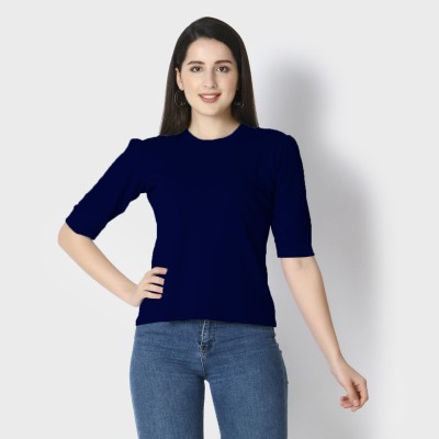 Rangmasti Solid Women Round Neck Blue T-Shirt