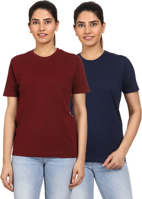 AODACH Solid Women Round Neck Blue T-Shirt