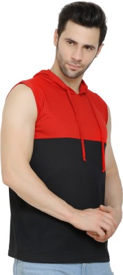 Morewill Colorblock Men Hooded Neck Red, Black T-Shirt