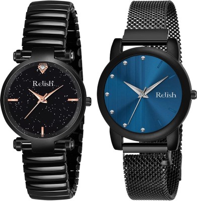 RELish Black Elastic Band Watch With Black Magnetic Mesh Strap Premium Analog Watch  - For Women