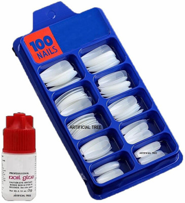 Facejewel Artificial Nails Set With 100 Pcs With glue TRANSPARENT(Pack of 100)