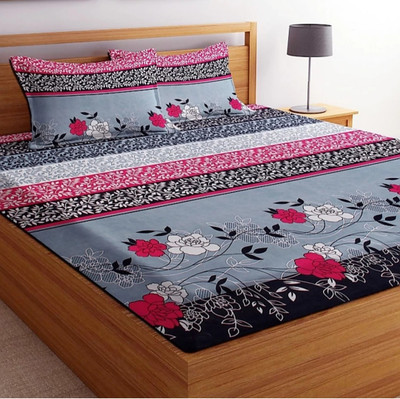 Deeksha Textiles 144 TC Microfiber Double Floral Flat Bedsheet(Pack of 1, Grey)