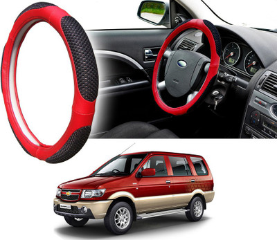 Selifaur Steering Cover For Chevrolet Tavera(Black Red, Leatherite, Fabric)