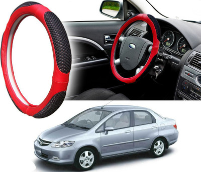 Selifaur Steering Cover For Honda City(Black Red, Leatherite, Fabric)
