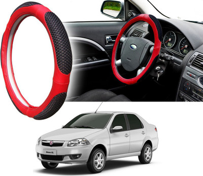 Selifaur Steering Cover For Fiat Siena(Black Red, Leatherite, Fabric)