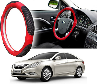 Selifaur Steering Cover For Hyundai Sonata Embera(Black Red, Leatherite, Fabric)