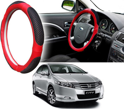 Selifaur Steering Cover For Honda City(Black Red, Leatherite, Fabric)