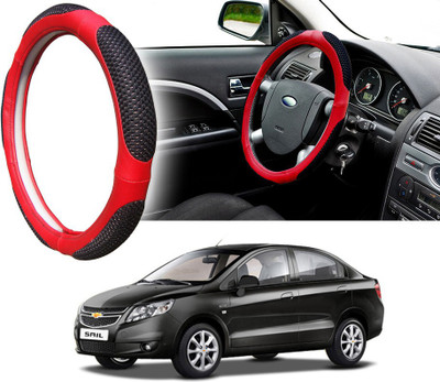 Selifaur Steering Cover For Chevrolet Sail(Black Red, Leatherite, Fabric)