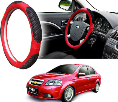 Selifaur Steering Cover For Chevrolet Aveo(Black Red, Leatherite, Fabric)