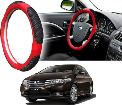 Selifaur Steering Cover For Honda New City(Black Red, Leatherite, Fabric)