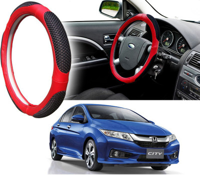 Selifaur Steering Cover For Honda City(Black Red, Leatherite, Fabric)