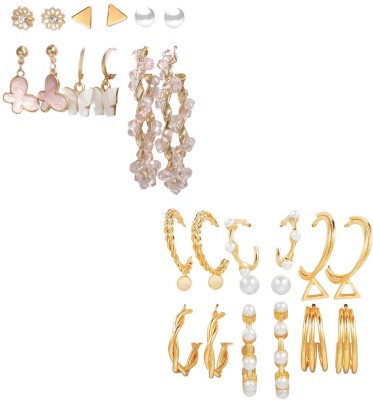 Vembley Combo of 15 Pair Trendy Golden Hoop and Studs Earrings Alloy Earring Set