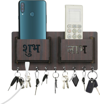 Fovtyline SHUBH LABH DOUBLE MOBILE STAND Wood Key Holder(9 Hooks, Brown)