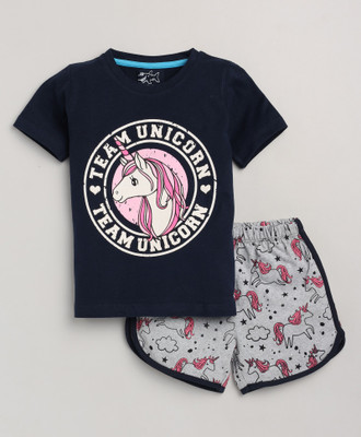 Lazy Shark Girls Printed Blue, Grey Top & Shorts Set
