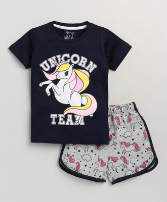 Lazy Shark Girls Printed Multicolor Top & Shorts Set