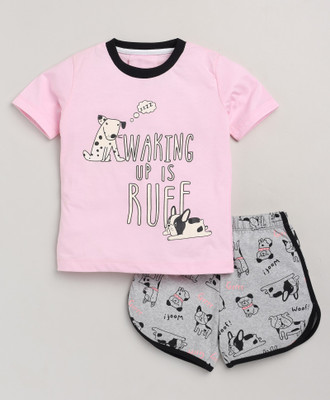 Lazy Shark Girls Printed Pink Top & Shorts Set