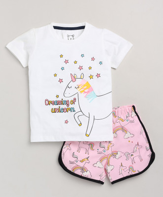 Lazy Shark Girls Printed White Top & Shorts Set