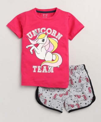 Lazy Shark Girls Printed Multicolor Top & Shorts Set